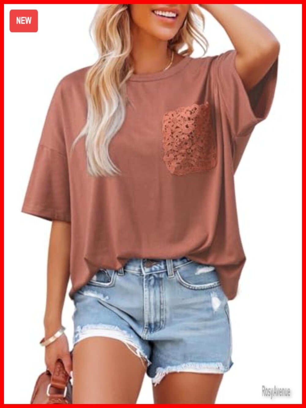Womens Oversized T Shirt Crochet Lace Pocket Soft Stretch Summer Tee